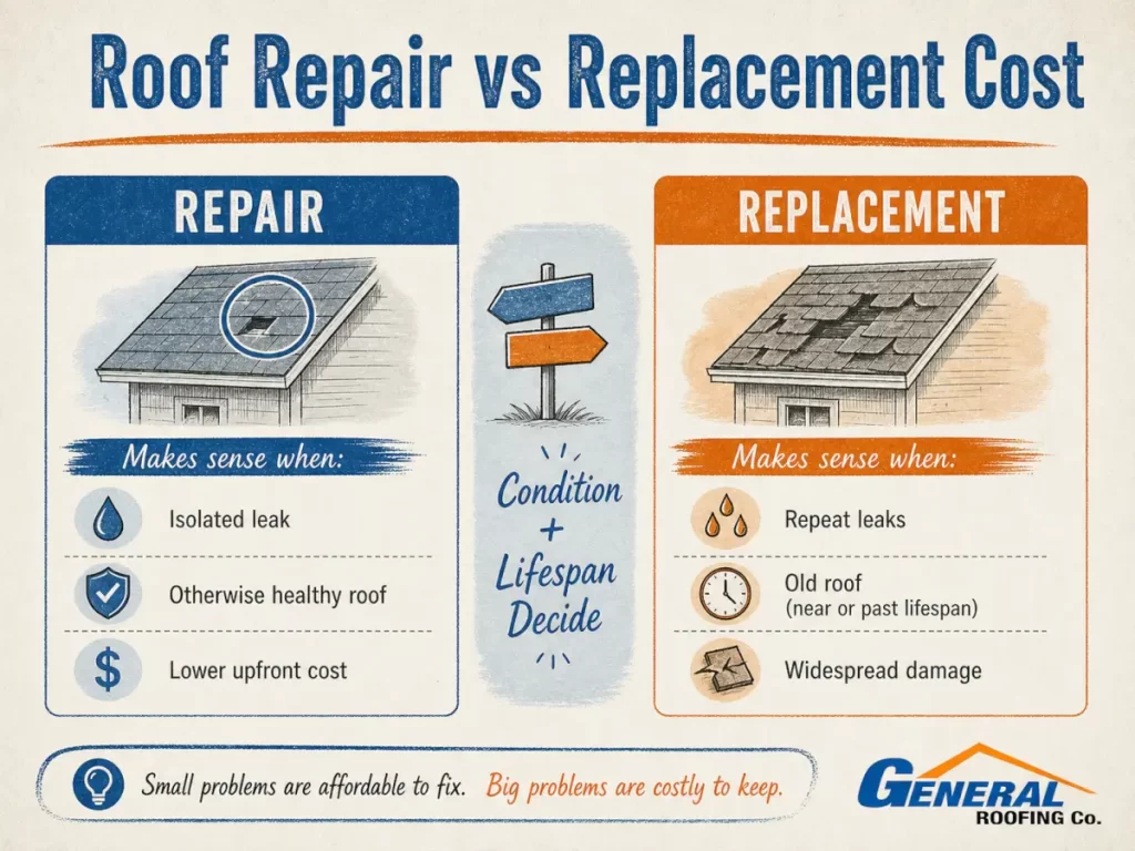 Infographic comparing roof repair and roof replacement costs, showing when small repairs make sense and when replacement is better.