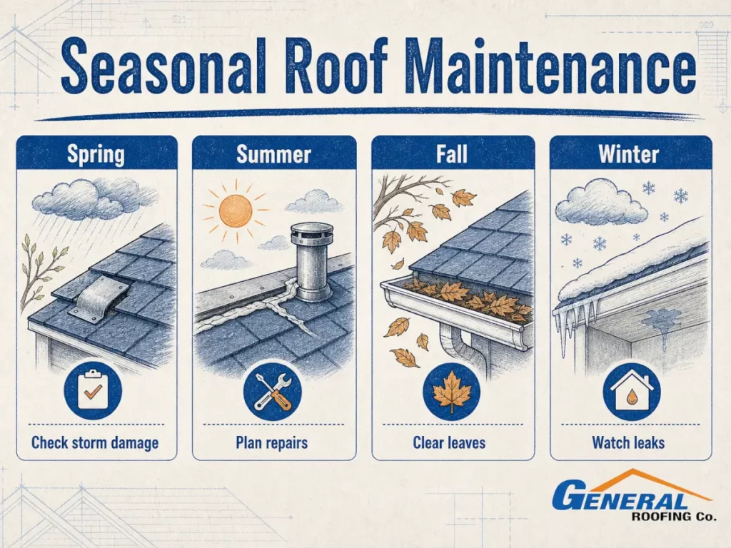 Seasonal roof maintenance infographic showing spring, summer, fall, and winter roof inspection tasks.