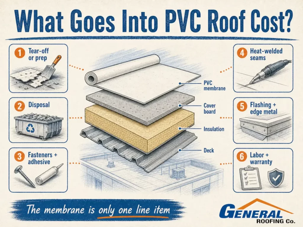 General Roofing infographic showing PVC roof cost components including membrane, insulation, flashing, labor, and warranty requirements