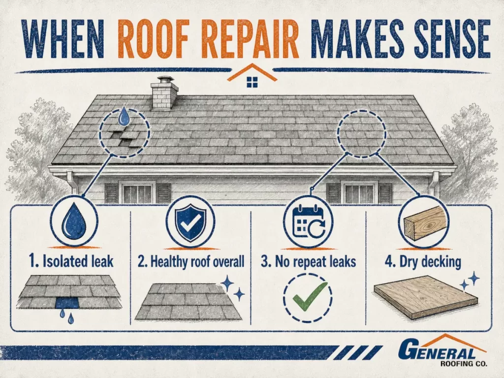 Infographic showing when roof repair makes sense for an isolated leak, a healthy roof overall, no repeat leaks, and dry decking.