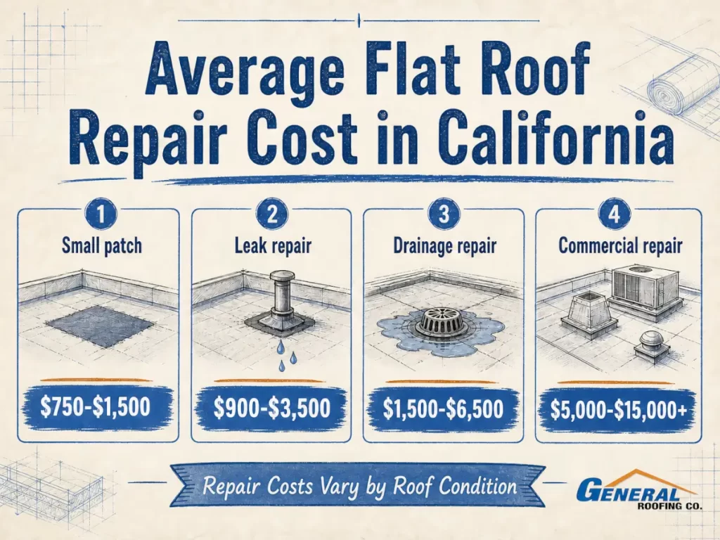 Infographic showing average flat roof repair cost ranges in California