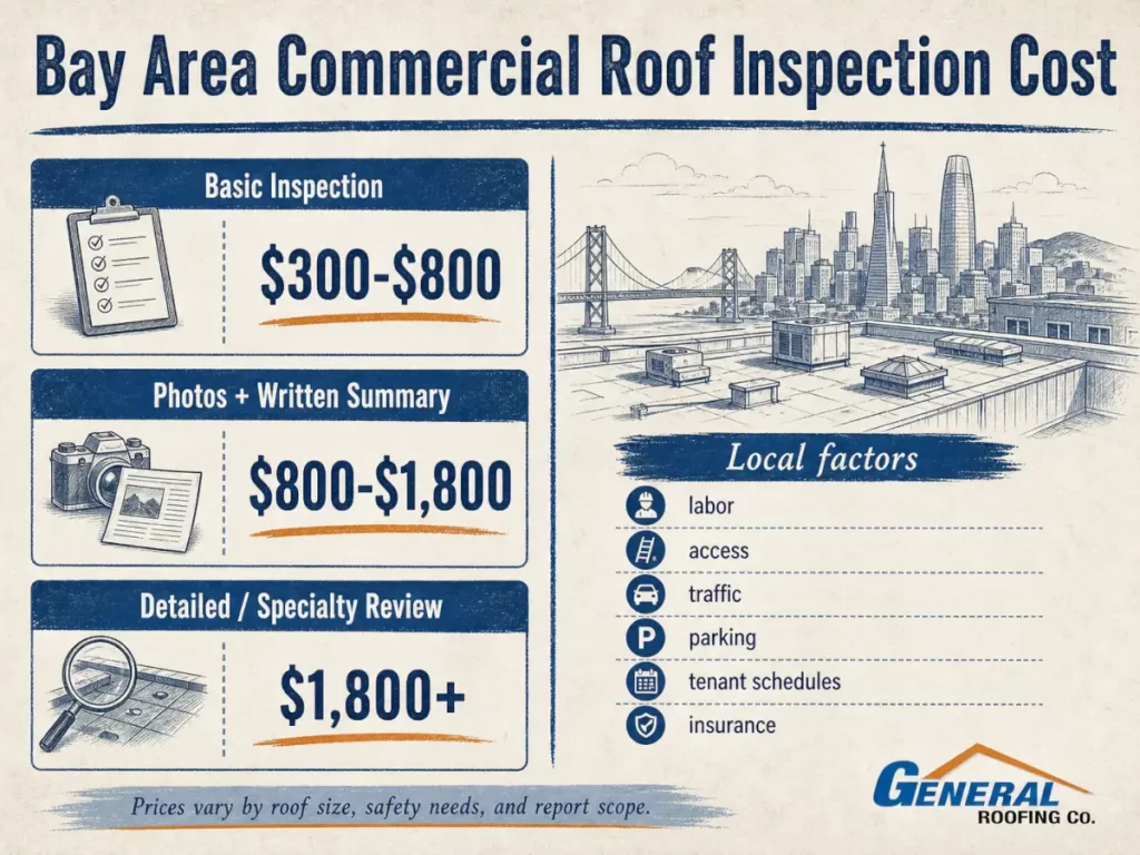 Bay Area commercial roof inspection cost infographic showing local price ranges and factors like labor, access, traffic, and insurance