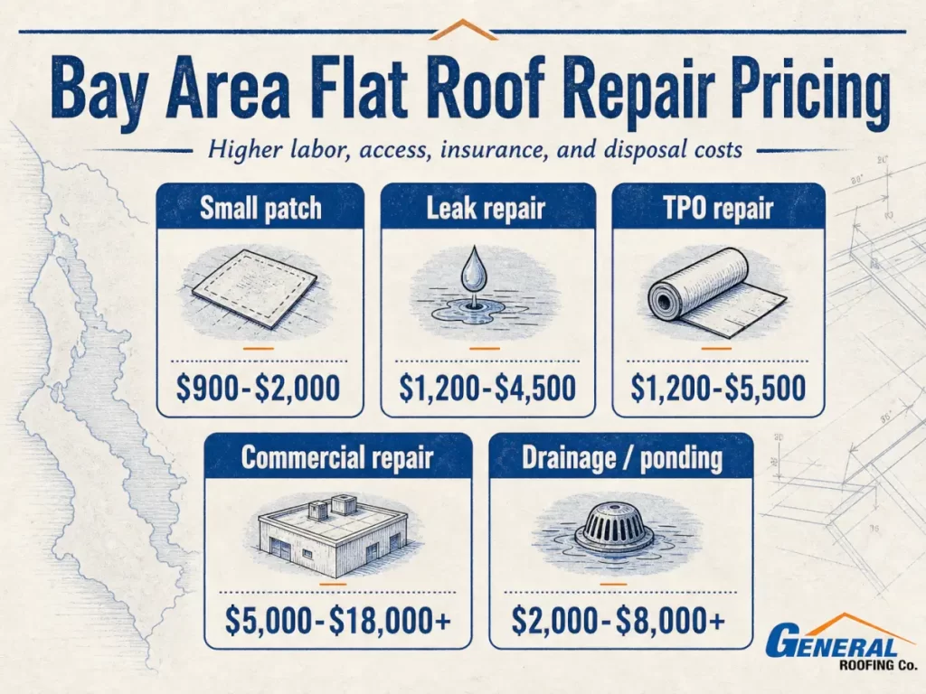Bay Area flat roof repair pricing infographic with common repair cost ranges