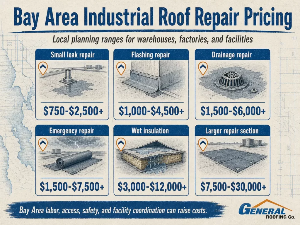 Bay Area industrial roof repair pricing infographic showing planning ranges for small leaks, flashing repairs, drainage repairs, emergency repairs, wet insulation, and larger facility roof repairs.
