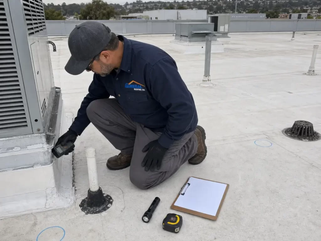 General Roofing contractor checking flashing and roof penetrations during a commercial flat roof inspection