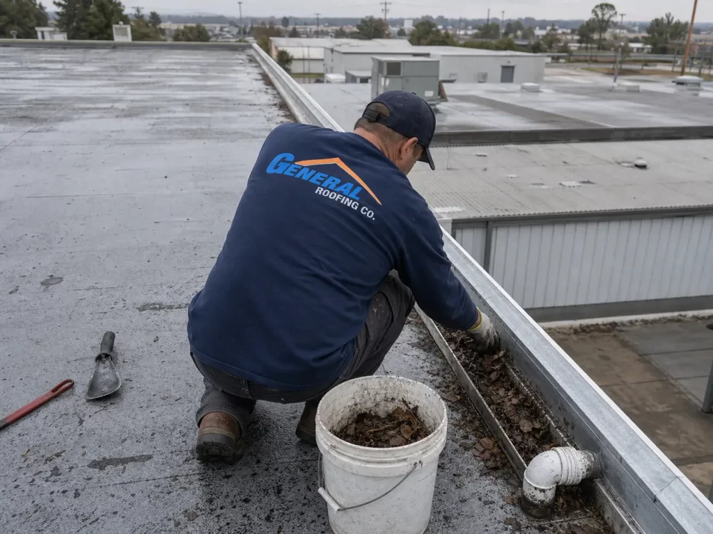 General Roofing roofer clearing leaves and debris from a commercial roof gutter during maintenance.