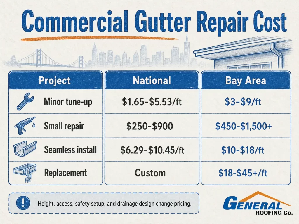 General Roofing pricing infographic comparing national commercial gutter repair costs with Bay Area commercial gutter planning ranges.