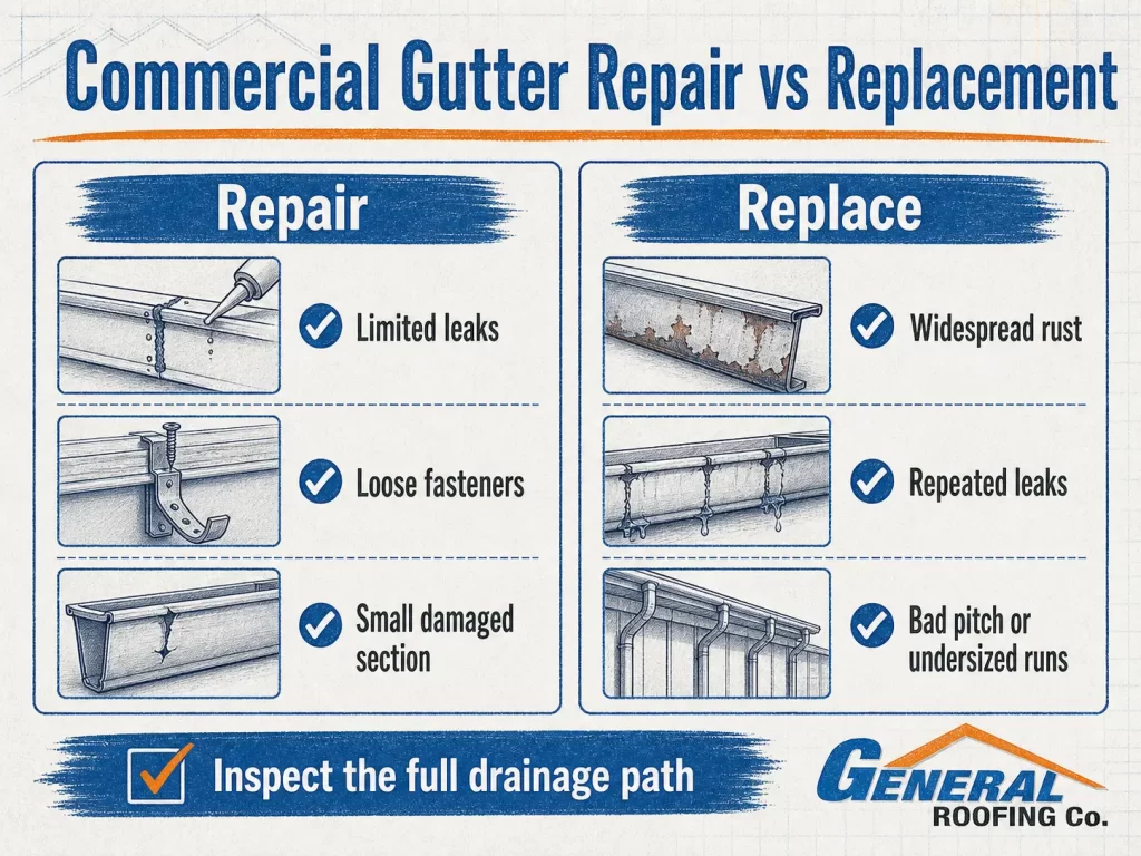General Roofing infographic comparing when commercial gutter repair makes sense versus when gutter replacement is the better option.