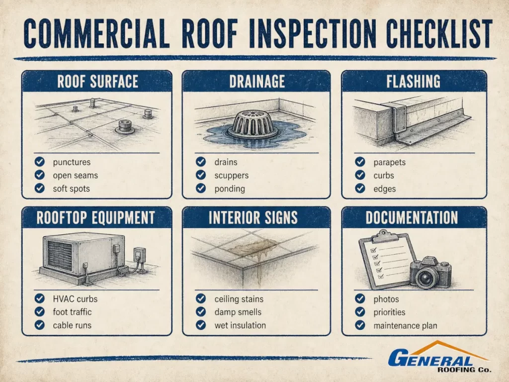 Commercial roof inspection checklist infographic showing roof surface, drainage, flashing, equipment, interior signs, and documentation