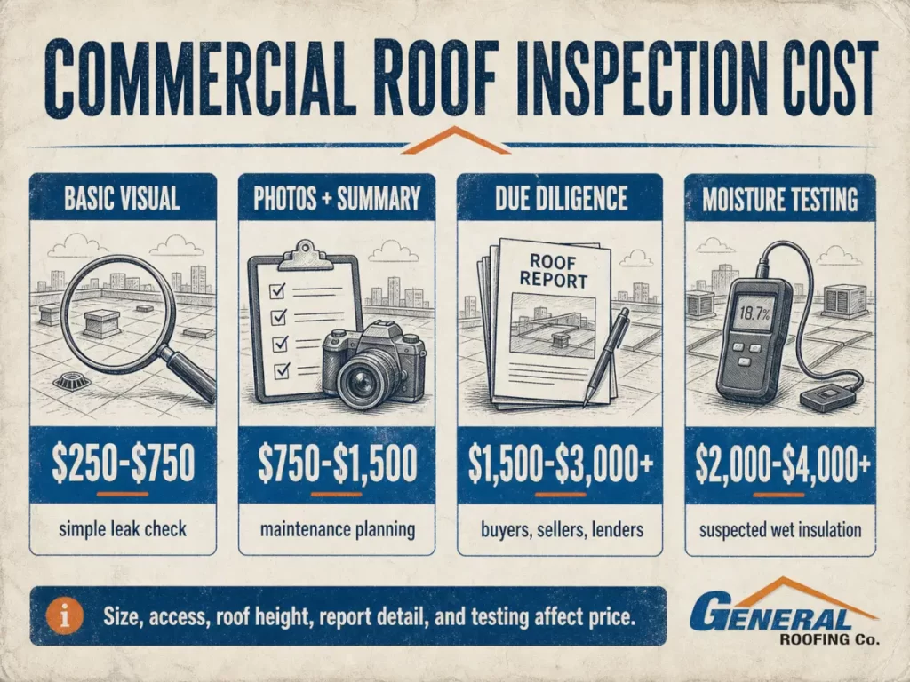 Commercial roof inspection cost infographic with typical pricing ranges for visual inspections, reports, due diligence, and moisture testing