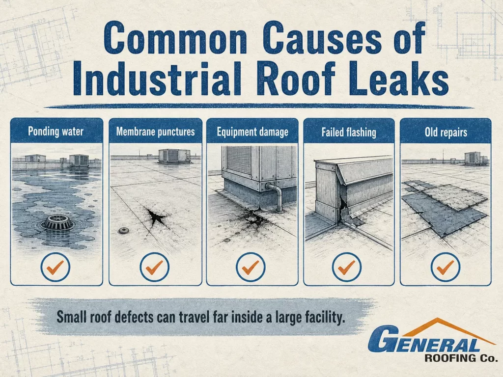 General Roofing infographic showing common industrial roof leak causes including ponding water, punctures, failed flashing, rooftop equipment damage, and clogged drains.