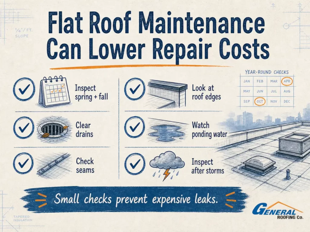 Flat roof maintenance checklist infographic showing inspections, drains, seams, roof edges, ponding water, and storm checks