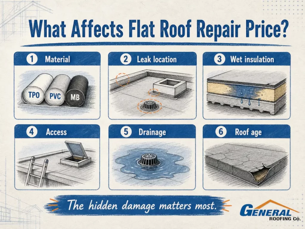 Infographic explaining flat roof repair price factors including material, drainage, access, and wet insulation