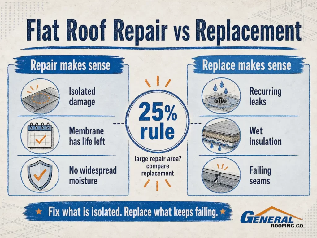 Flat roof repair vs replacement infographic showing when repair makes sense and when replacement may be better