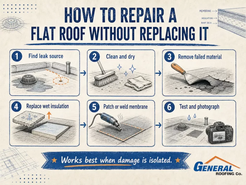 General Roofing infographic showing steps to repair a flat roof without replacing it