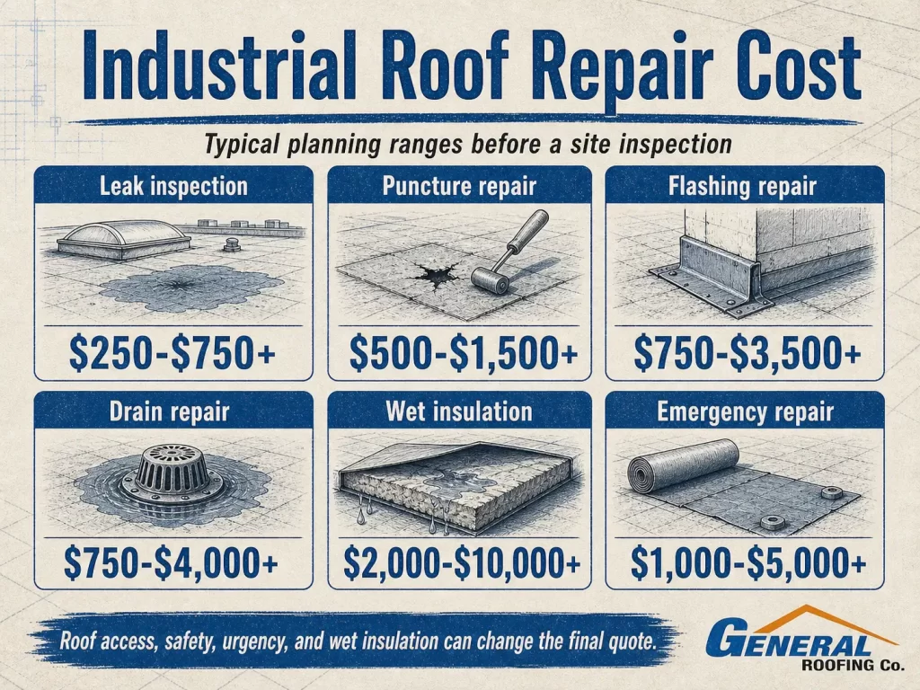 General Roofing infographic with industrial roof repair cost ranges for leak inspections, puncture repairs, flashing repairs, drain repairs, wet insulation, and emergency roof repair.