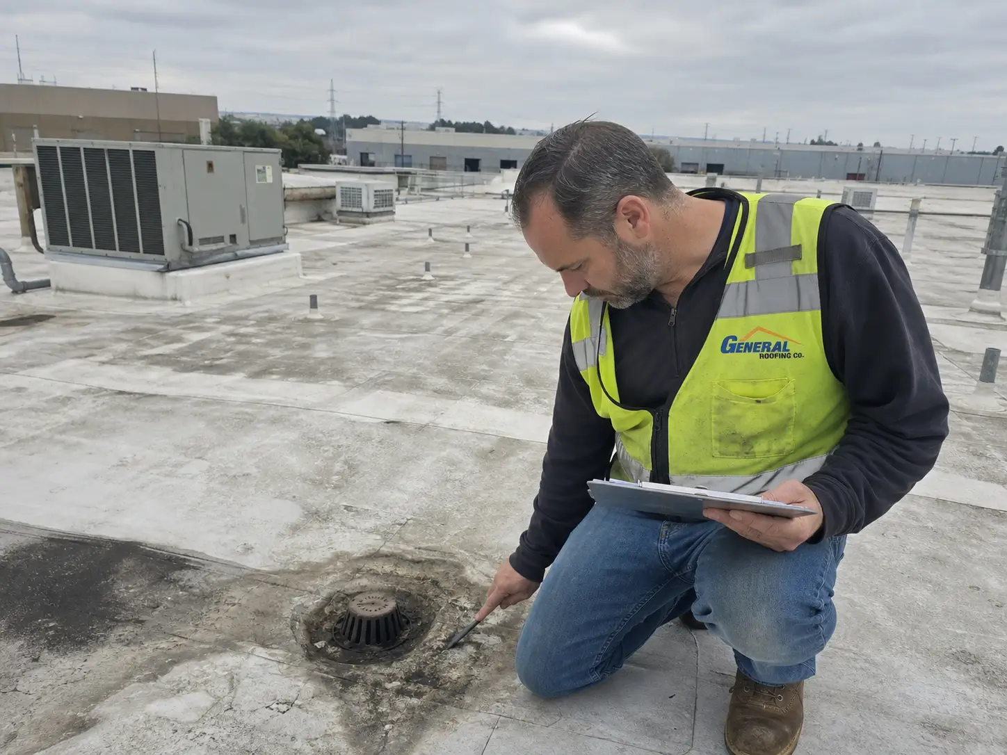 General Roofing roofer inspecting a drain on a flat industrial warehouse roof with rooftop HVAC units and vents in the background.