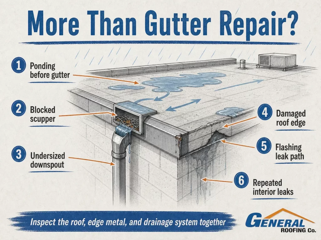Infographic explaining when commercial roof drainage problems involve ponding, scuppers, downspouts, roof edge damage, flashing leaks, and repeated interior leaks.