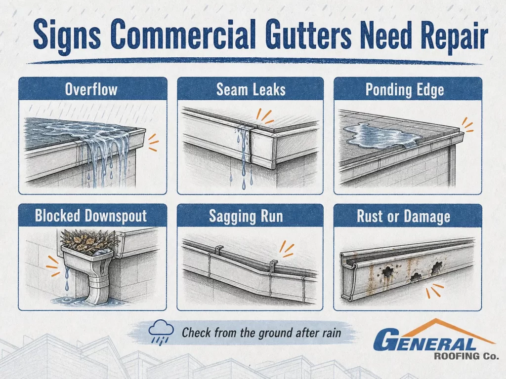 Infographic showing common commercial gutter repair signs including overflow, seam leaks, ponding water, blocked downspouts, sagging gutters, and rust damage.