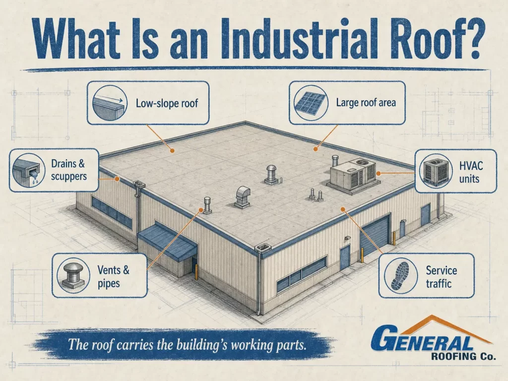 Infographic explaining industrial roof systems for warehouses, factories, and facilities with drains, HVAC units, vents, and low-slope roof features.