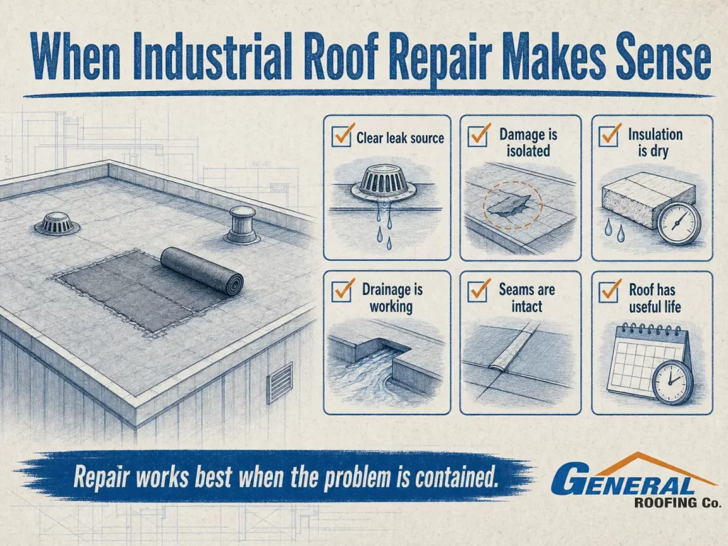 General Roofing infographic showing when industrial roof repair makes sense for isolated leaks, flexible membrane, dry insulation, working drainage, and intact seams.
