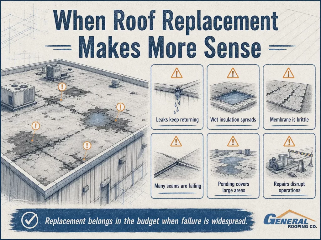 General Roofing infographic explaining when industrial roof replacement is better than repair because of repeated leaks, wet insulation, widespread seam failure, ponding water, and worn membrane.