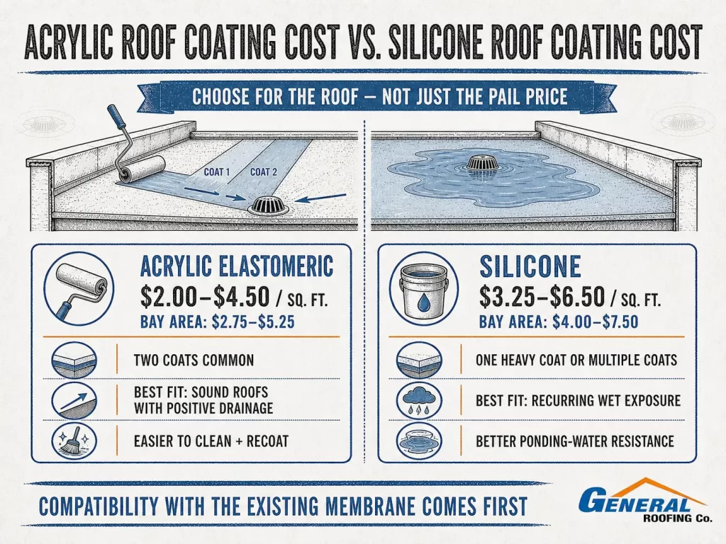 Acrylic versus silicone roof coating cost comparison showing installed prices, Bay Area ranges, drainage, and ponding-water considerations.