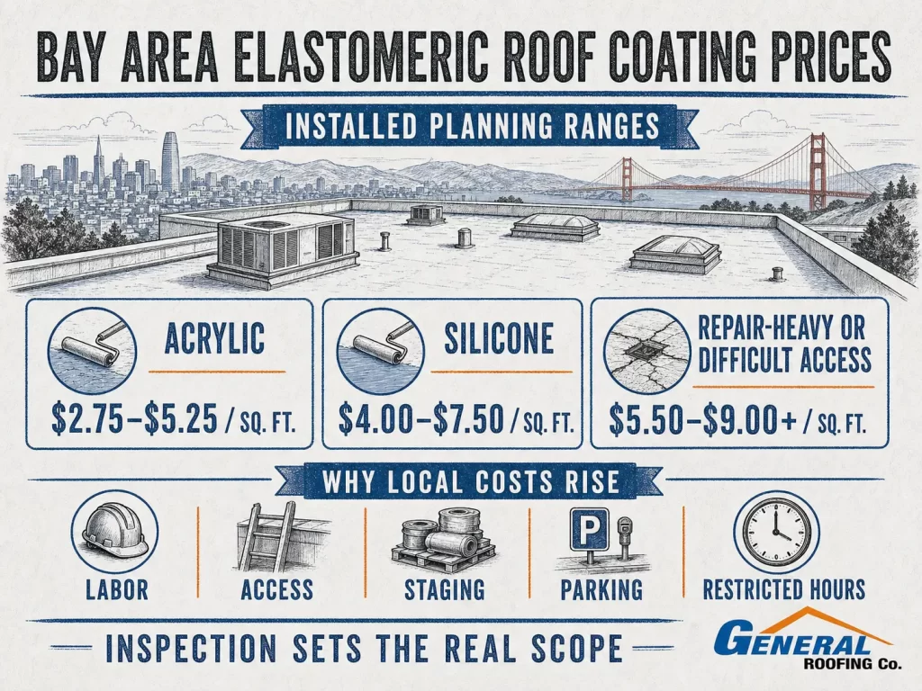 Bay Area elastomeric roof coating prices with acrylic, silicone, and repair-heavy project ranges from General Roofing.