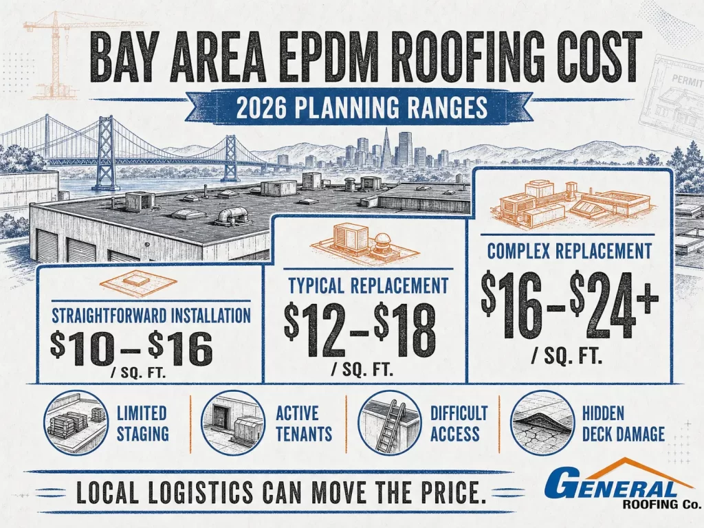Bay Area EPDM roofing cost infographic showing 2026 price ranges for installations, replacements, and complex commercial roofing projects.