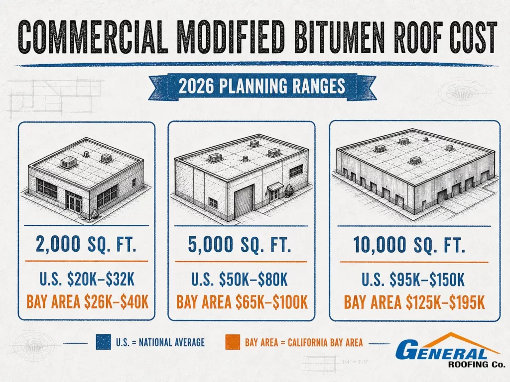 General Roofing infographic comparing 2026 commercial modified bitumen roof costs for 2,000, 5,000 and 10,000-square-foot buildings.