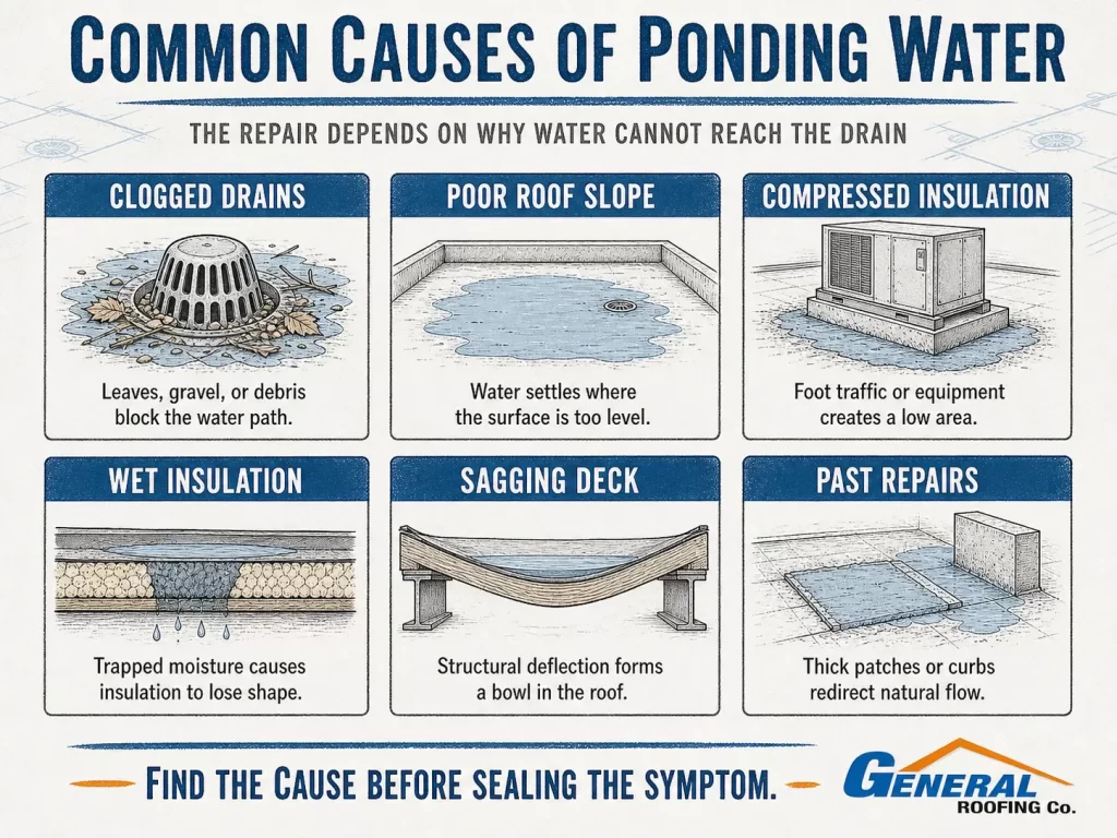 General Roofing infographic illustrating clogged drains, poor slope, damaged insulation, deck sagging, and past repairs that cause flat roof ponding.