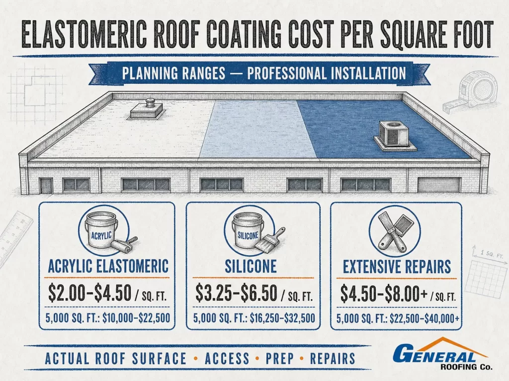 General Roofing infographic comparing elastomeric roof coating cost per square foot for acrylic, silicone, and repair-heavy roof systems.