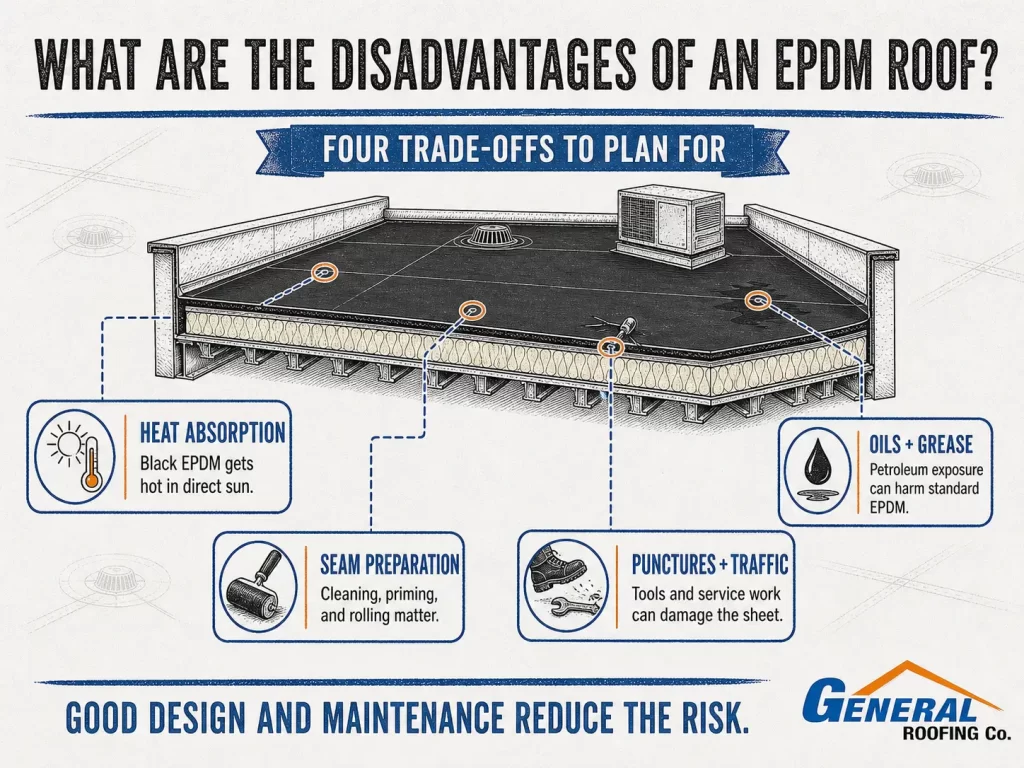 General Roofing infographic explaining EPDM roof disadvantages, including heat absorption, seam preparation, punctures, and petroleum exposure.