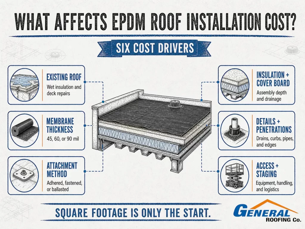 General Roofing infographic showing six factors that affect EPDM roof installation cost, including insulation, membrane thickness, access, and roof condition.