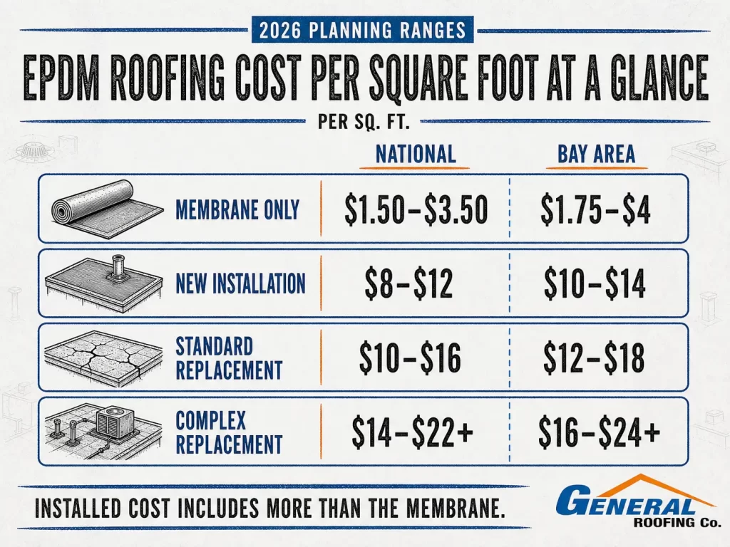 2026 EPDM roofing cost per square foot infographic comparing national and Bay Area prices by project type.