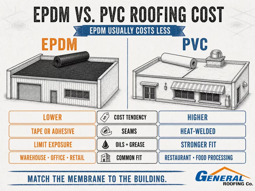 EPDM vs. PVC roofing cost infographic comparing price, seams, oil resistance, and suitable commercial building types.
