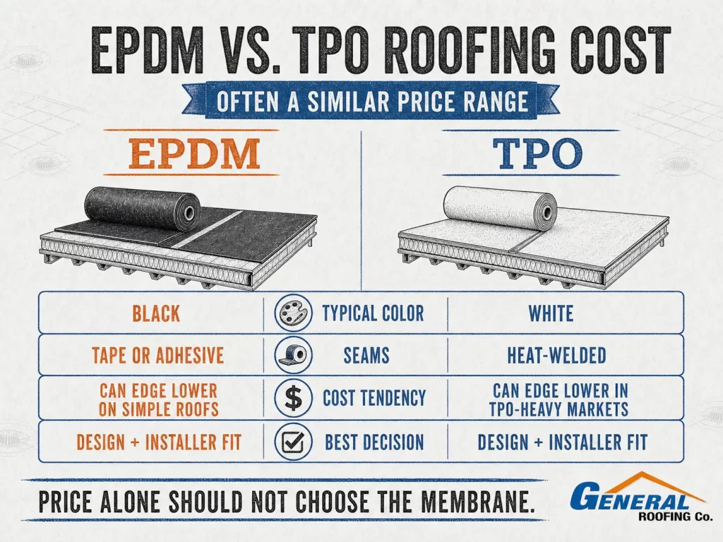 EPDM vs. TPO roofing cost infographic comparing membrane color, seam construction, pricing tendencies, and installer fit.