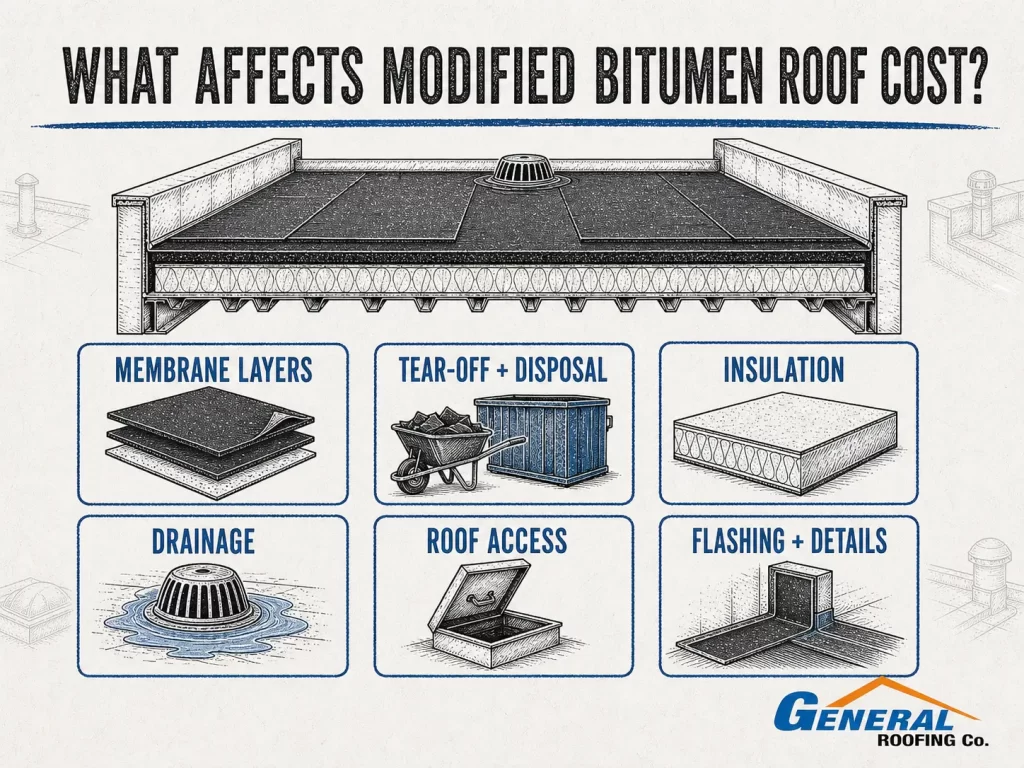 General Roofing infographic showing how membrane layers, tear-off, insulation, drainage, access and flashing affect modified bitumen roof cost.