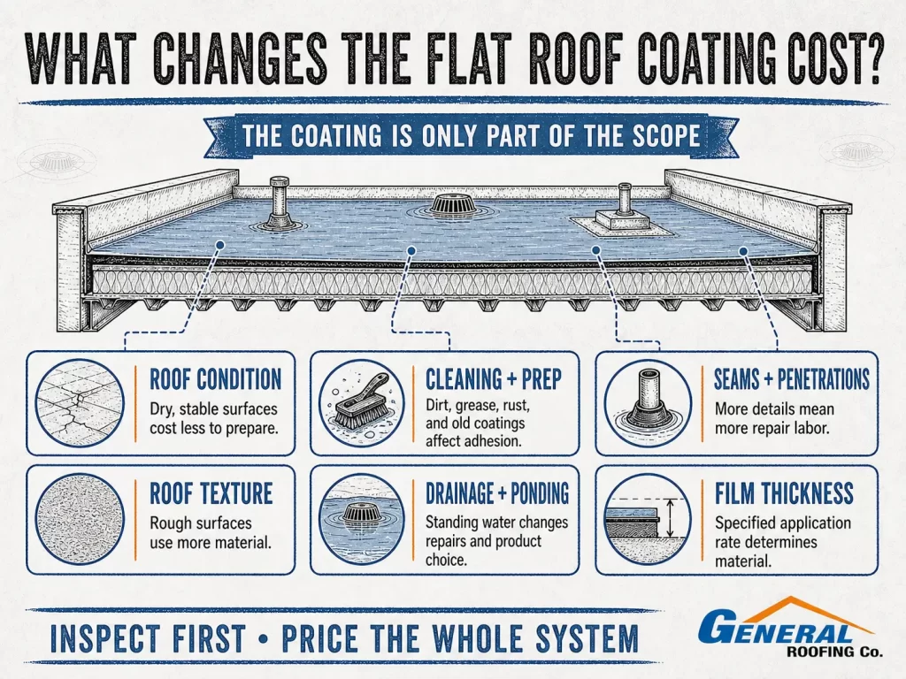 General Roofing infographic explaining six factors that change flat roof coating cost, including preparation, repairs, drainage, and film thickness.