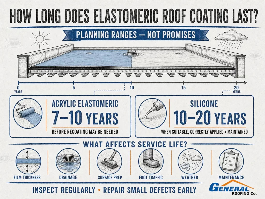 General Roofing infographic showing how long elastomeric roof coating lasts, with 7 to 10 years for acrylic and 10 to 20 years for silicone.