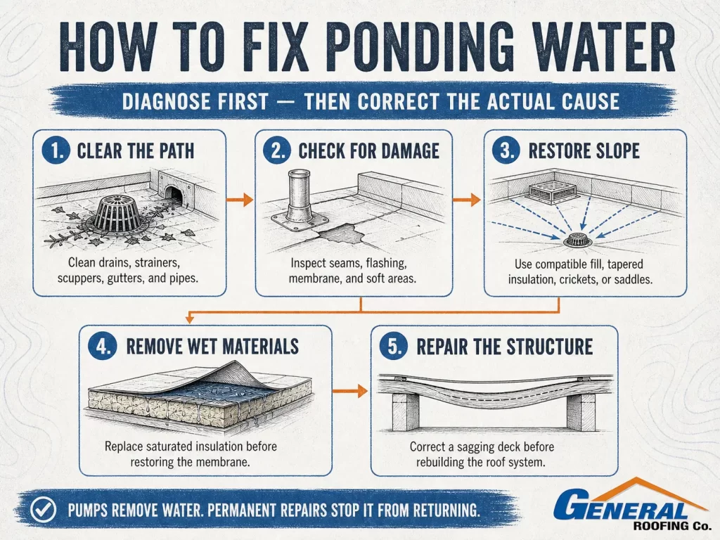 General Roofing infographic explaining how to fix flat roof ponding by clearing drainage, checking damage, restoring slope, and replacing wet materials.