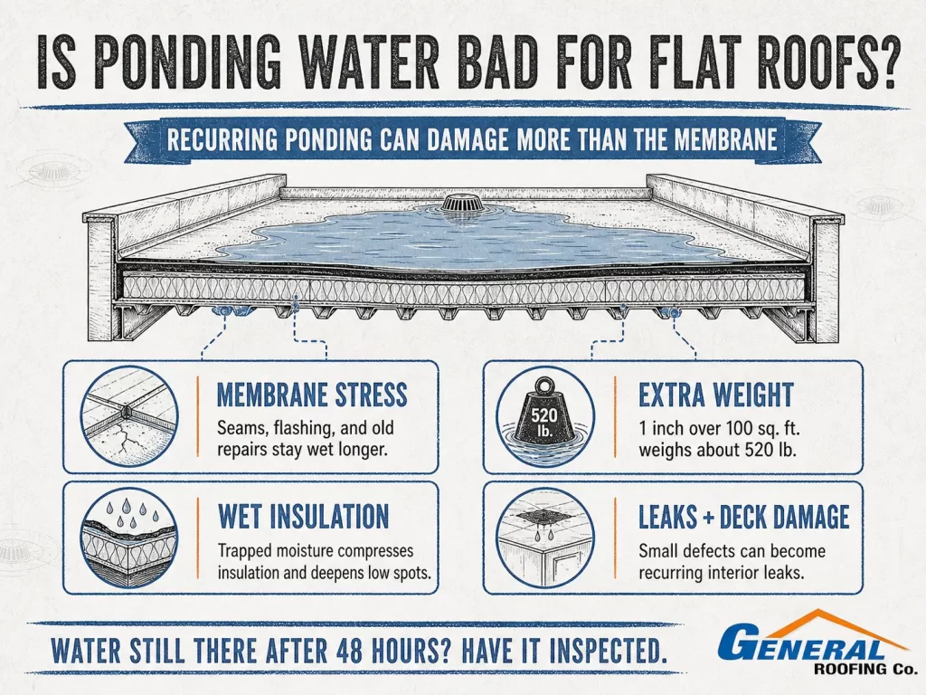 General Roofing infographic showing membrane stress, extra weight, wet insulation, leaks, and deck damage caused by flat roof ponding water.