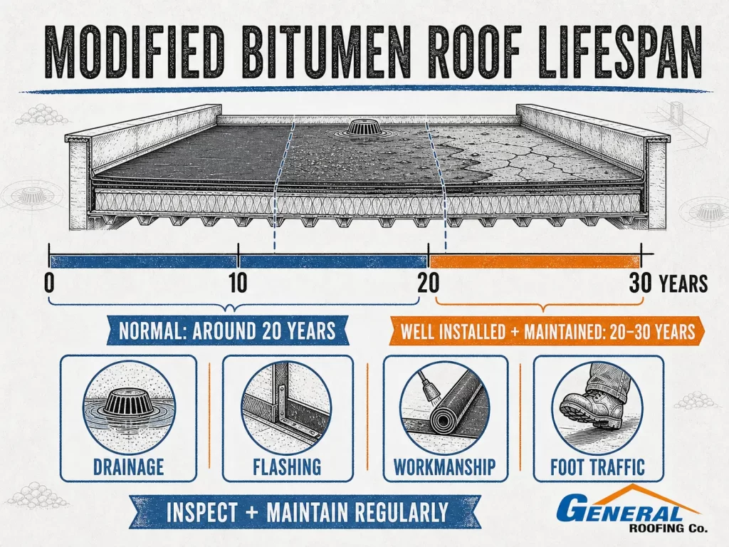General Roofing infographic showing a typical modified bitumen roof lifespan of around 20 years and a maintained lifespan of 20 to 30 years.