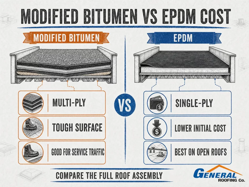 General Roofing infographic comparing multi-ply modified bitumen roofing with lower-initial-cost single-ply EPDM.