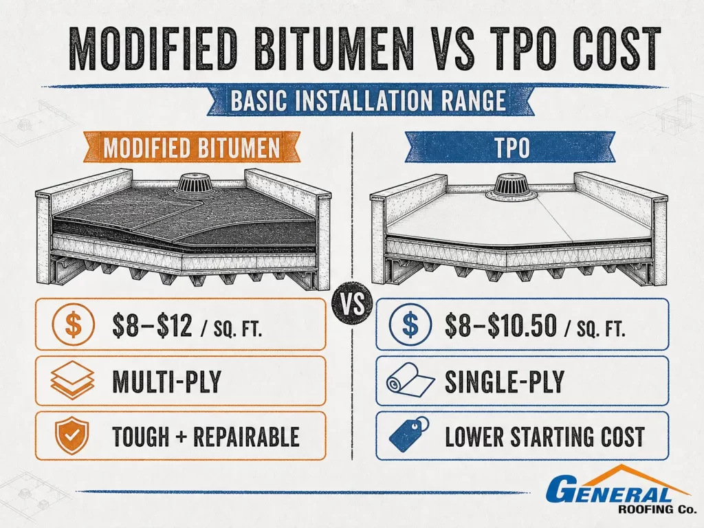 General Roofing comparison of modified bitumen and TPO roofing costs, membrane layers and key installation differences.