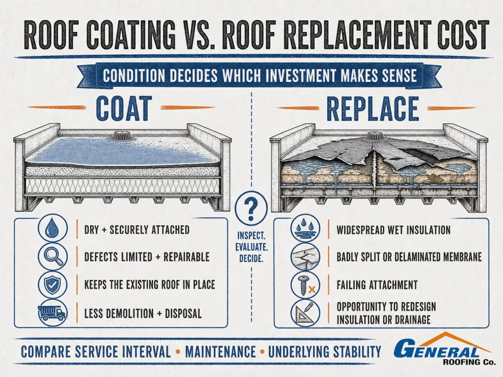 General Roofing infographic comparing roof coating versus roof replacement based on membrane condition, wet insulation, and roof stability.