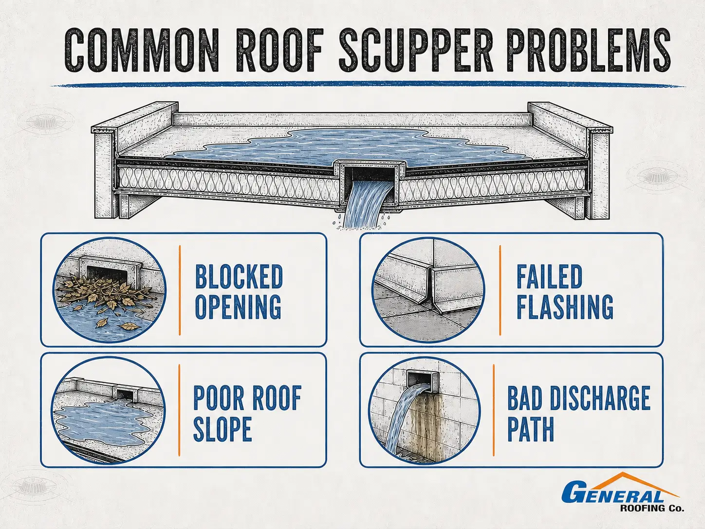 General Roofing infographic showing blocked openings, failed flashing, poor slope, and bad discharge paths as common roof scupper problems.