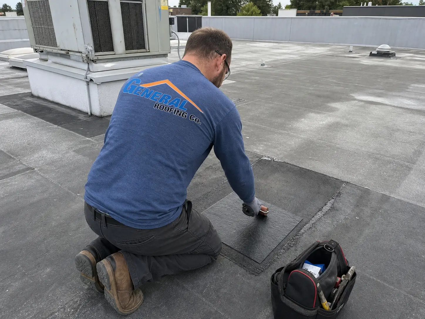 General Roofing contractor rolls a rectangular modified-bitumen patch over a repaired roof blister on a commercial flat roof.
