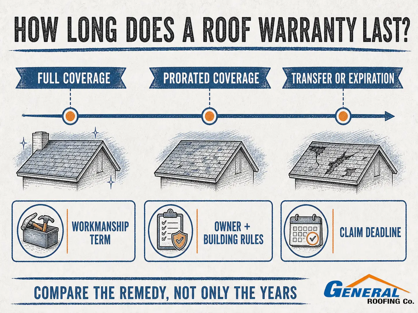 General Roofing infographic explaining full coverage, prorated coverage, and warranty transfer or expiration.