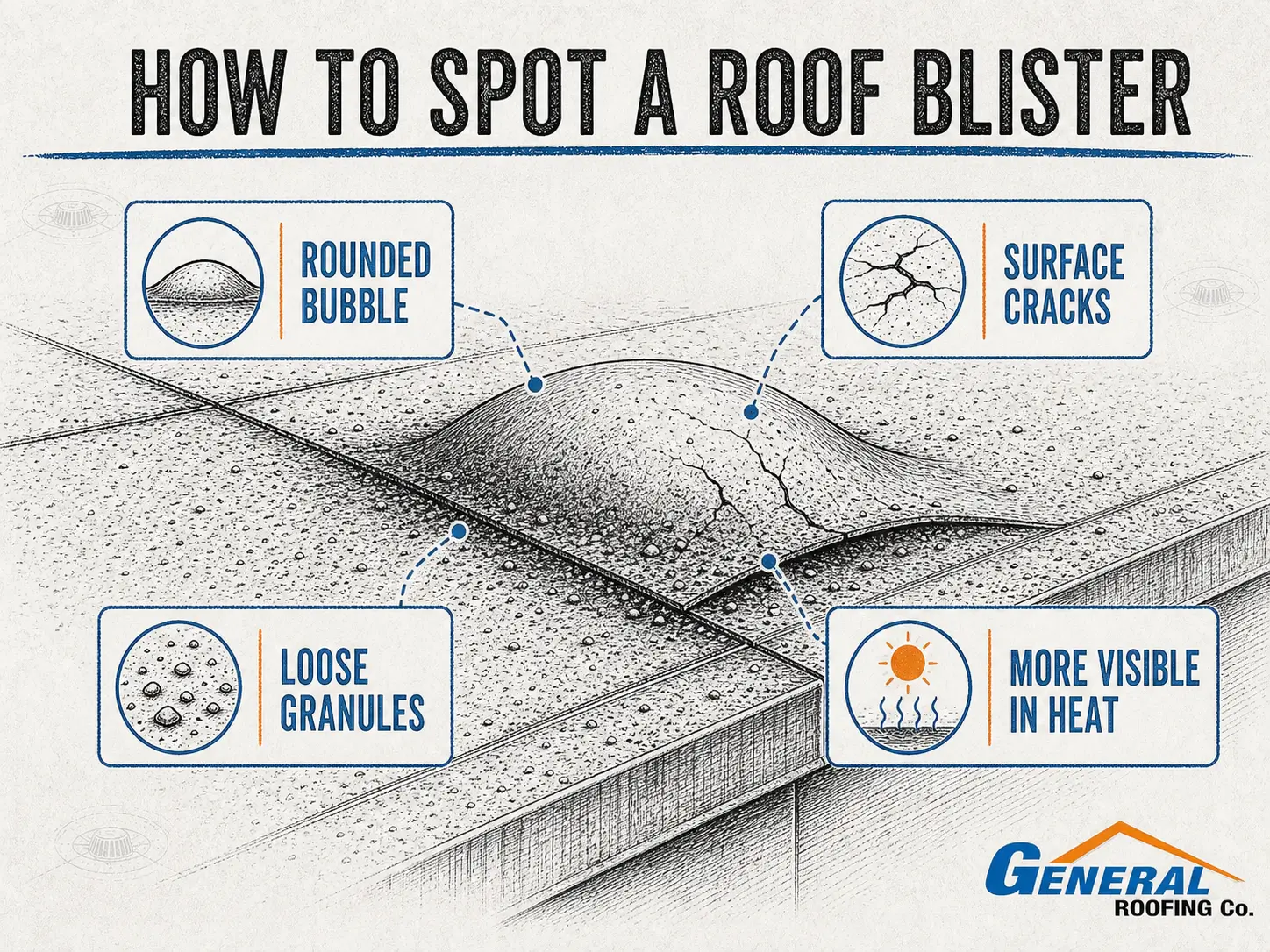 General Roofing infographic showing the rounded bubble, surface cracks, loose granules, and heat-related changes of a roof blister.